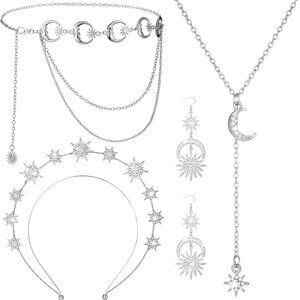 4 Pieces Celestial Jewelry Moon Stars Crown Necklaces and Body Chain Headband Dr